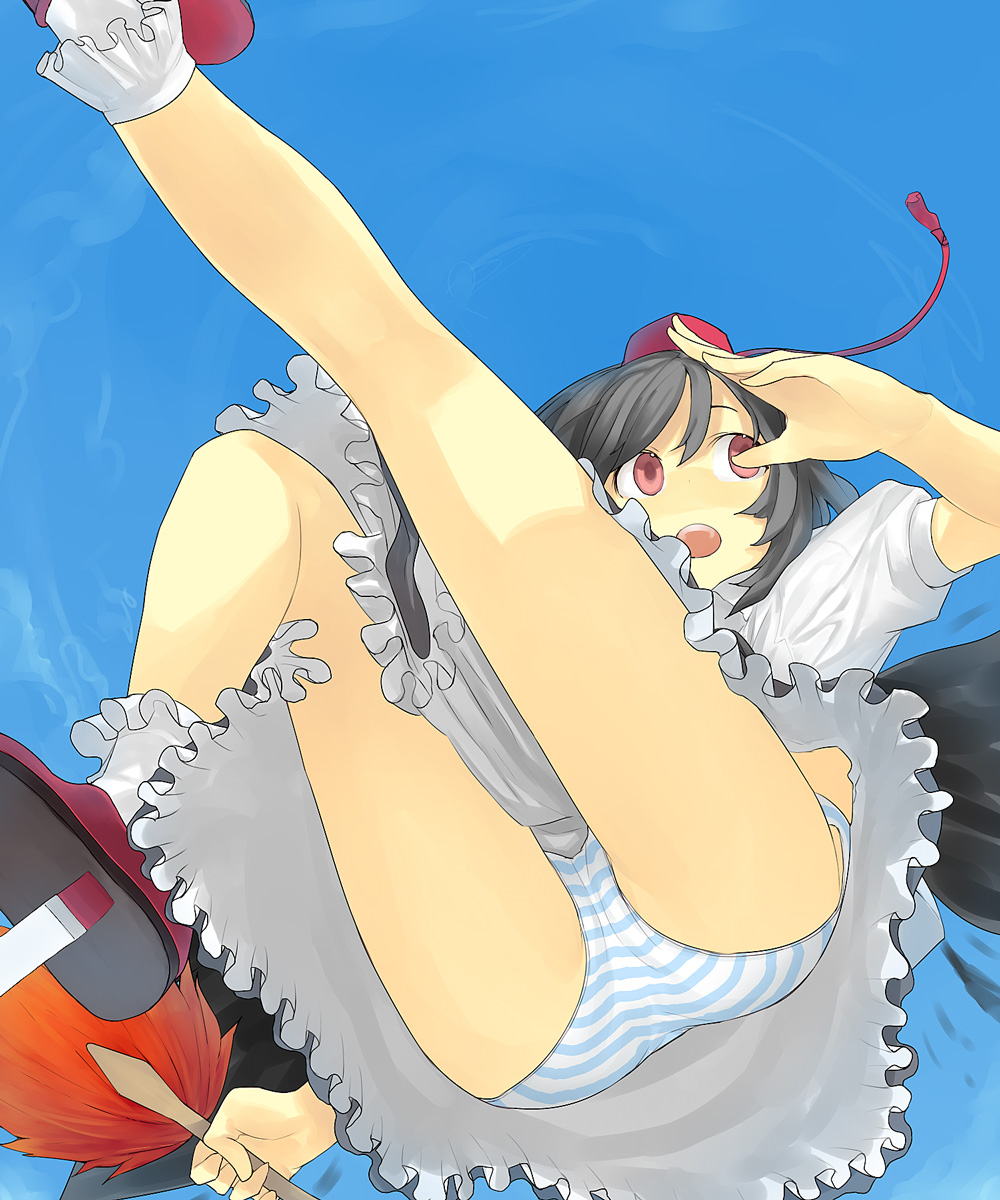 hama (22ji kara 24ji), shameimaru aya, touhou, looking away, bad id, bad pixiv id, highres, 1girl, ass, black hair, black wings, female focus, geta, hat, open mouth, panties, pantyshot, red eyes, sky, solo, striped clothes, striped panties, tengu-geta, underwear, wings