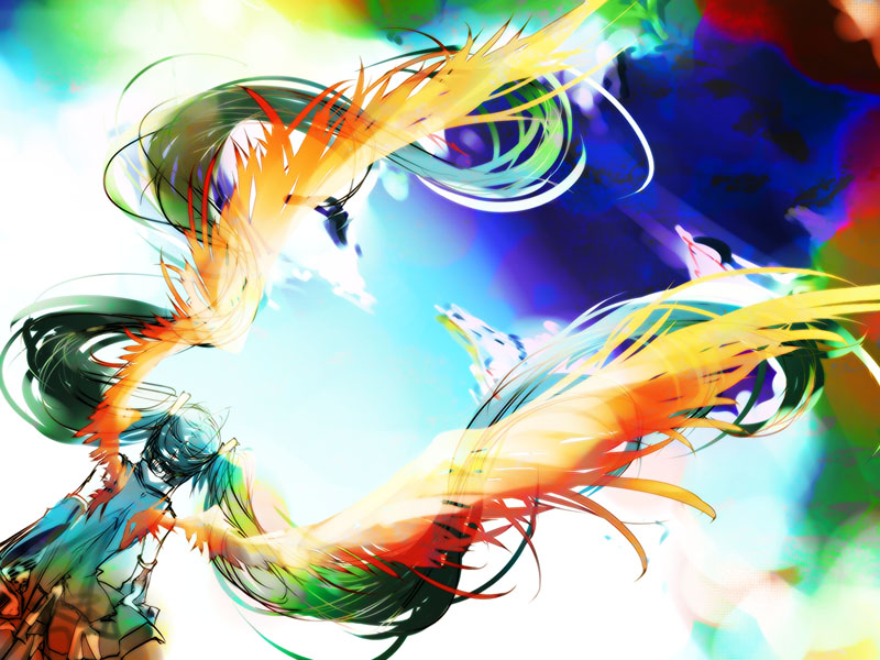 shiinoyuko, hatsune miku, vocaloid, colorful, detached sleeves, long hair, skirt, sky, solo, twintails, very long hair, wings