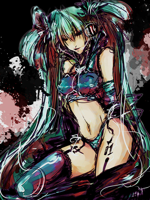 shiinoyuko, hatsune miku, vocaloid, green hair, long hair, navel, solo, thighhighs, twintails, very long hair