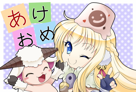 kotomi (happy colors), alchemist (ragnarok online), amistr (ragnarok online), vanilmirth (ragnarok online), ragnarok online, commentary request, lowres, translation request, 1girl, :3, bell, black gloves, blonde hair, blue eyes, closed mouth, fingerless gloves, gloves, hair bell, hair ornament, jingle bell, long hair, looking at viewer, new year, one eye closed, open mouth, polka dot, polka dot background, purple background, sheep, slime (creature), smile, solo