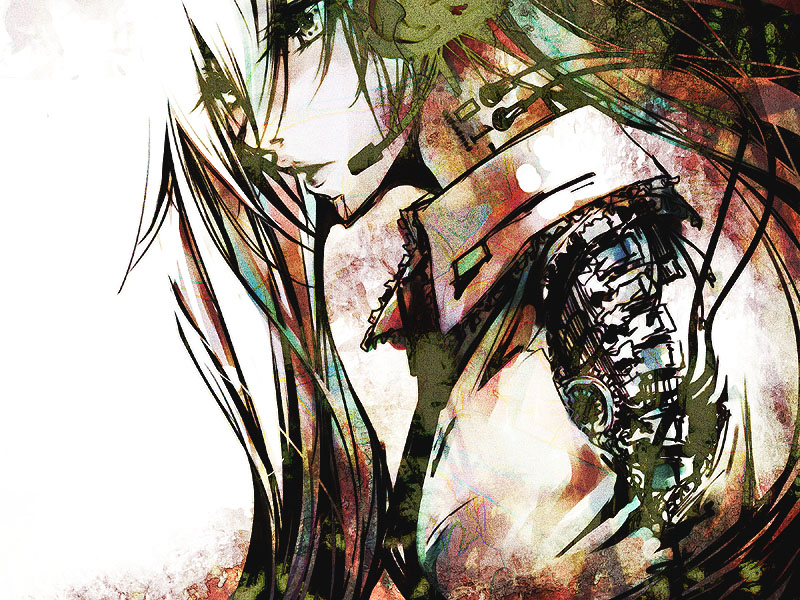 shiinoyuko, hatsune miku, vocaloid, 1girl, android, aqua hair, cable, female focus, headset, lips, necktie, profile, solo, wire