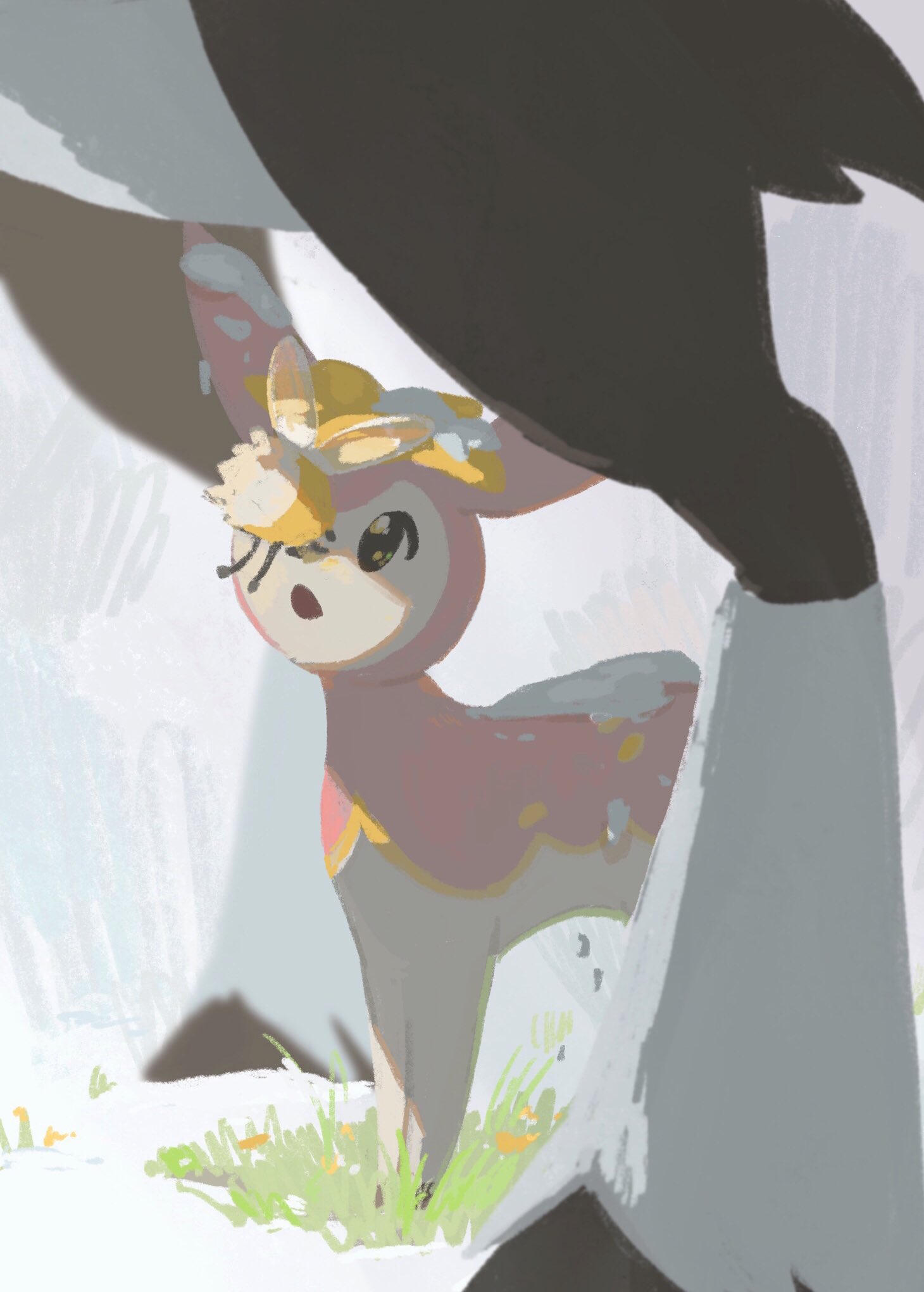draw pann33, cutiefly, deerling, deerling (spring), sawsbuck, sawsbuck (winter), nintendo, pokemon, highres, :o, animal focus, black eyes, brown fur, bug, deer, flower, flying, full body, gen 5 pokemon, gen 7 pokemon, insect wings, looking at another, no humans, open mouth, pink fur, pokemon (creature), pokemon focus, snow, standing, white fur, wings, yellow flower, yellow fur