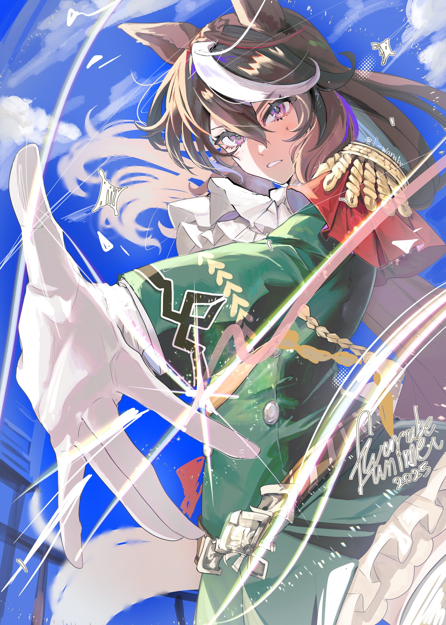fwanabe, symboli rudolf (emperor's path) (umamusume), symboli rudolf (umamusume), umamusume, highres, 1girl, animal ears, ascot, blue sky, blush, brown hair, cape, cloud, dress, epaulettes, gloves, green dress, green jacket, hair between eyes, horse ears, horse girl, jacket, long hair, long sleeves, looking at viewer, multicolored hair, parted lips, purple eyes, red cape, side cape, single epaulette, skirt, sky, streaked hair, upper body, white ascot, white gloves, white hair