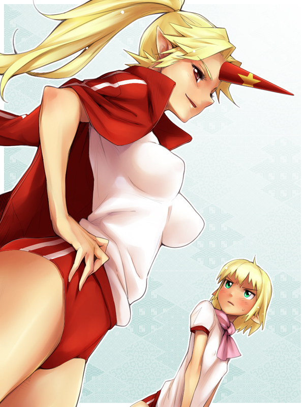 yurikawa, hoshiguma yuugi, mizuhashi parsee, touhou, 2girls, alternate costume, blonde hair, breast envy, breasts, breasts apart, buruma, female focus, green eyes, gym uniform, horns, impossible clothes, impossible shirt, jacket, jacket on shoulders, large breasts, long hair, looking at breasts, multiple girls, pointy ears, ponytail, red eyes, ribbon, scarf, shirt, short hair, single horn