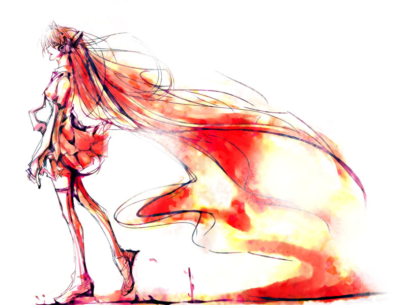 shiinoyuko, hatsune miku, vocaloid, detached sleeves, long hair, necktie, skirt, solo, thighhighs, very long hair