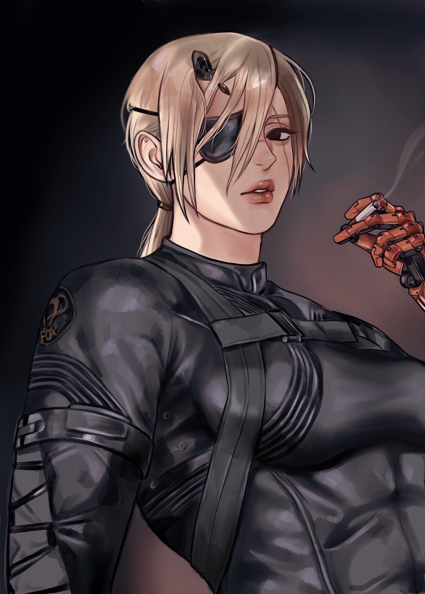 imeko san, quanxi (chainsaw man), venom snake, chainsaw man, metal gear (series), metal gear solid v: the phantom pain, highres, tagme, 1girl, abs, blonde hair, cigarette, cosplay, eyepatch, horns, looking at viewer, mechanical arms, patch, ponytail, scar, single horn, single mechanical arm, skin tight, sneaking suit, strap, tight clothes, video game
