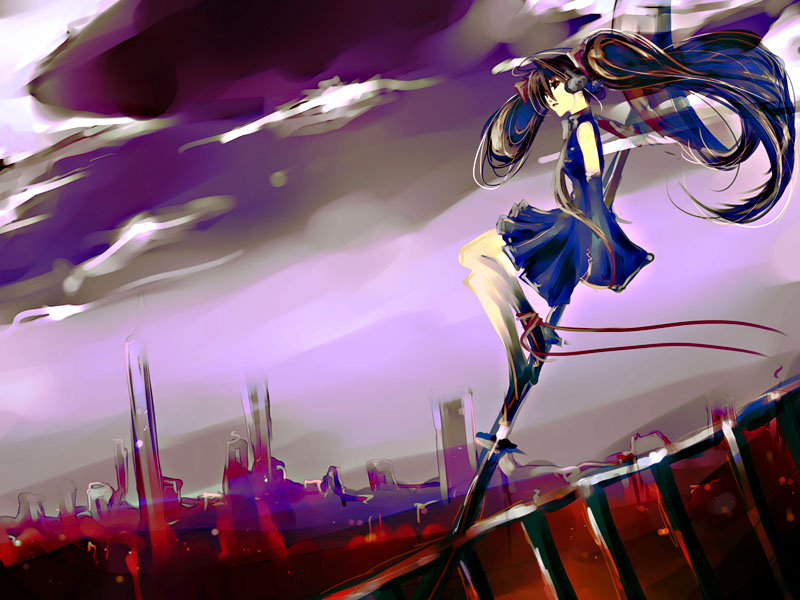 shiinoyuko, hatsune miku, vocaloid, black hair, cityscape, cloud, detached sleeves, long hair, sitting, skirt, sky, solo, twintails, very long hair