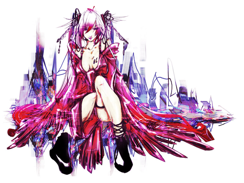 shiinoyuko, hatsune miku, vocaloid, 1girl, alternate hair color, ankle boots, boots, building, cityscape, collarbone, dress, female focus, full body, long hair, long sleeves, looking at viewer, red dress, simple background, sitting, solo, thigh gap, twintails, very long hair, white background