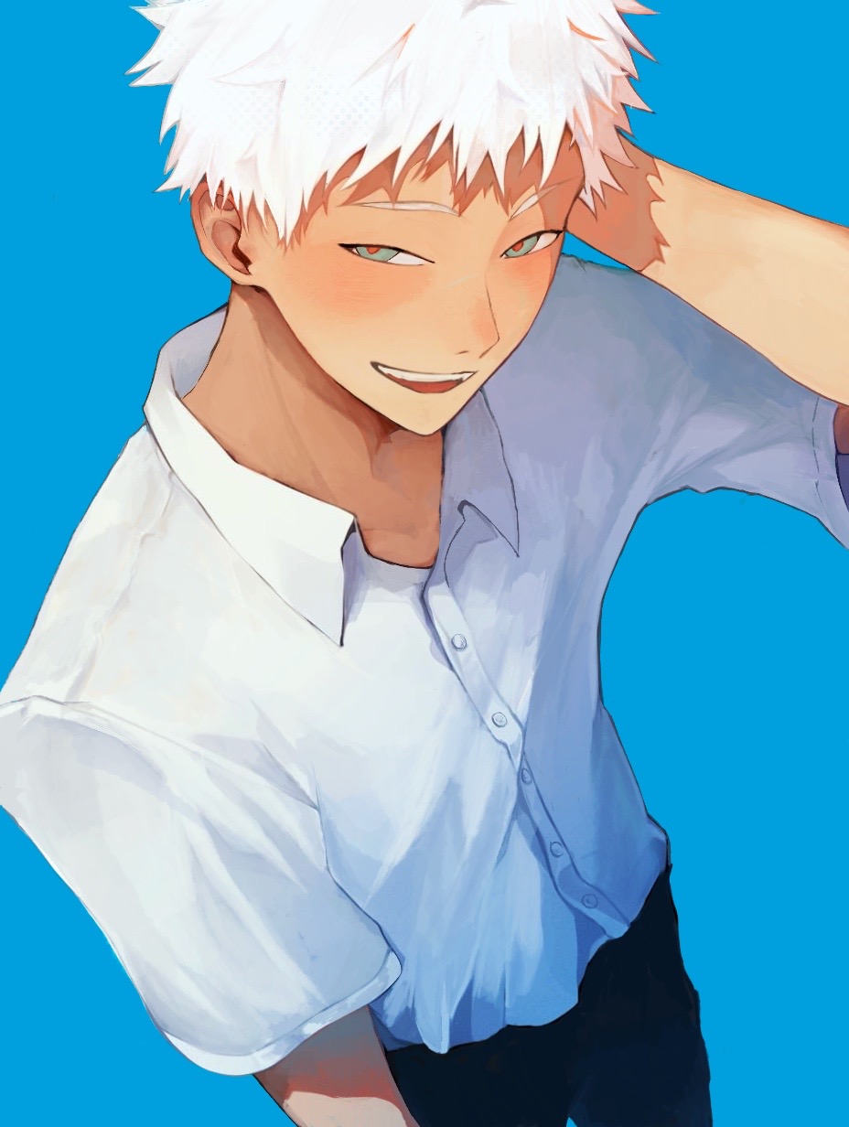 gaiha 0, indou hikaru, hikaru ga shinda natsu, hashtag-only commentary, highres, 1boy, arm behind head, black pants, blue background, buttons, collared shirt, looking at viewer, male focus, pants, red pupils, shirt, shirt tucked in, short hair, short sleeves, simple background, smile, solo, teeth, upper teeth only, white hair, white shirt