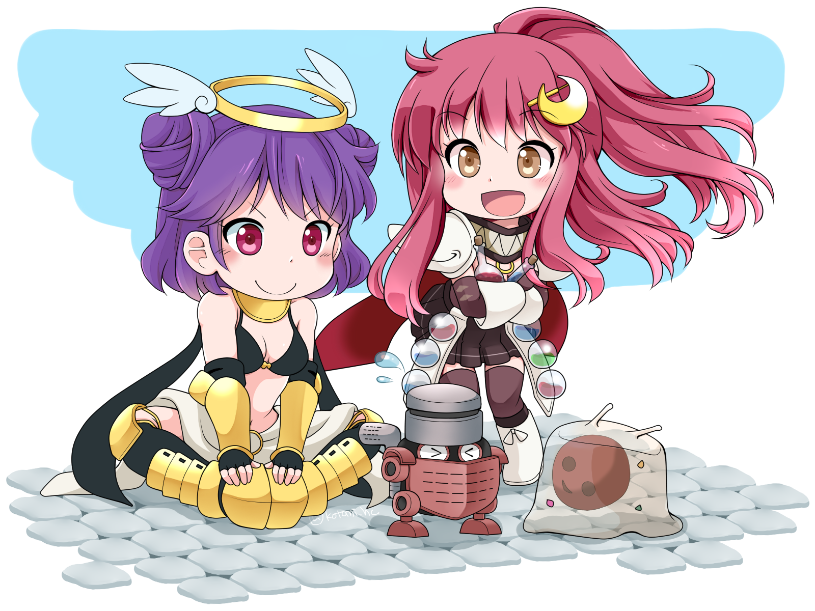 kotomi (happy colors), genetic (ragnarok online), mechanic (ragnarok online), vanilmirth (ragnarok online), ragnarok online, commentary request, highres, 2girls, :d, armor, armored boots, bikini, bikini top only, black bikini, black gloves, blush, boots, breasts, brown eyes, brown thighhighs, chibi, chibi only, cleavage, closed mouth, crescent, crescent hair ornament, double bun, fingerless gloves, flask, full body, gloves, hair bun, hair ornament, halo, high ponytail, jumpsuit, jumpsuit around waist, long hair, medium breasts, multiple girls, open mouth, pauldrons, pink hair, ponytail, potion, purple hair, red eyes, robot, short hair, shoulder armor, sitting, slime (creature), smile, standing, swimsuit, thighhighs, traditional halo, vambraces, white boots, white jumpsuit, winged halo, yellow armor, yellow halo