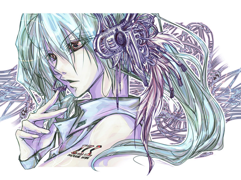 shiinoyuko, hatsune miku, vocaloid, tagme, green hair, headset, red eyes, solo