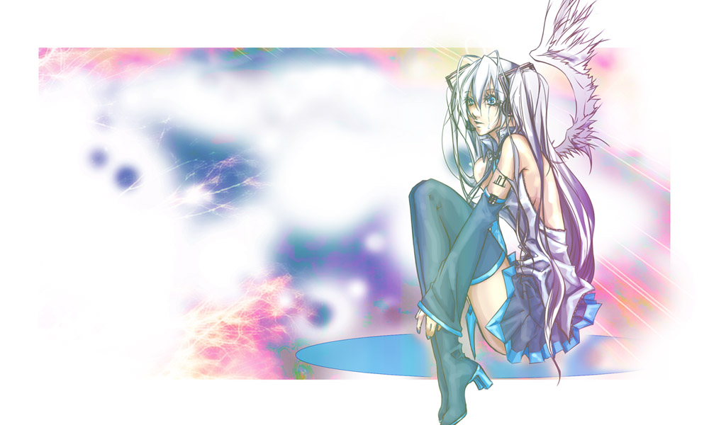 shiinoyuko, hatsune miku, vocaloid, boots, detached sleeves, headset, high heels, hugging own legs, long hair, shoes, skirt, solo, thigh boots, thighhighs, twintails, wings