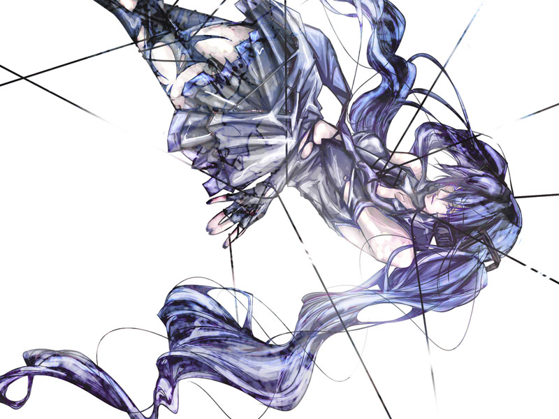 shiinoyuko, hatsune miku, vocaloid, detached sleeves, long hair, skirt, solo, thighhighs, twintails, very long hair