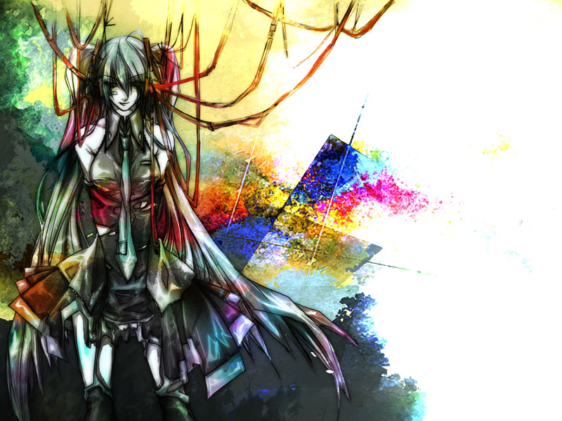 shiinoyuko, hatsune miku, vocaloid, long hair, skirt, solo, thighhighs, twintails, very long hair