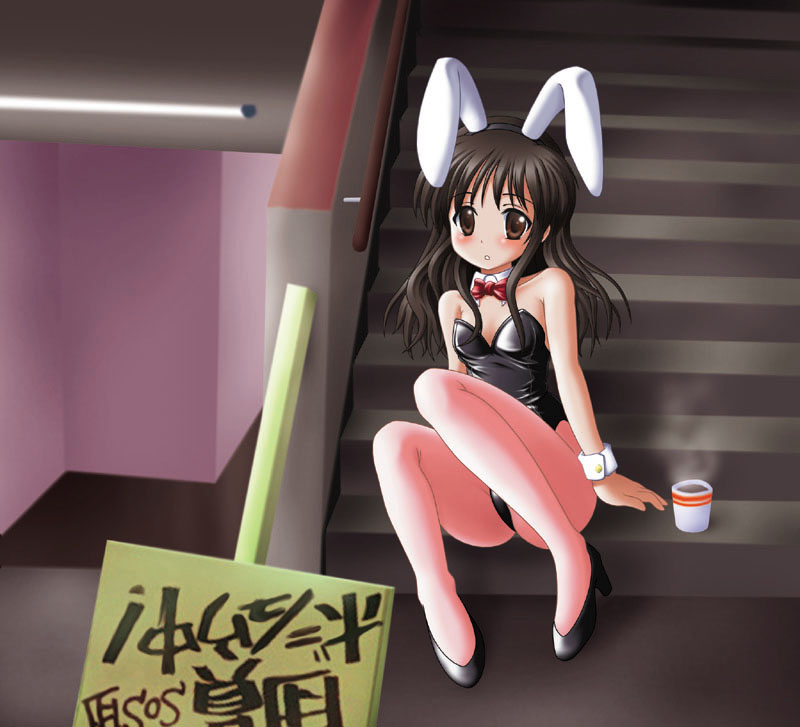 final (artist), narurun (final123), asahina mikuru, yuuki mikan, suzumiya haruhi no yuuutsu, to love-ru, translation request, 1girl, animal ears, asahina mikuru (cosplay), black hair, brown eyes, coffee, cosplay, fake animal ears, female focus, long hair, pantyhose, parody, placard, playboy bunny, rabbit ears, sign, sitting, sitting on stairs, solo, stairs