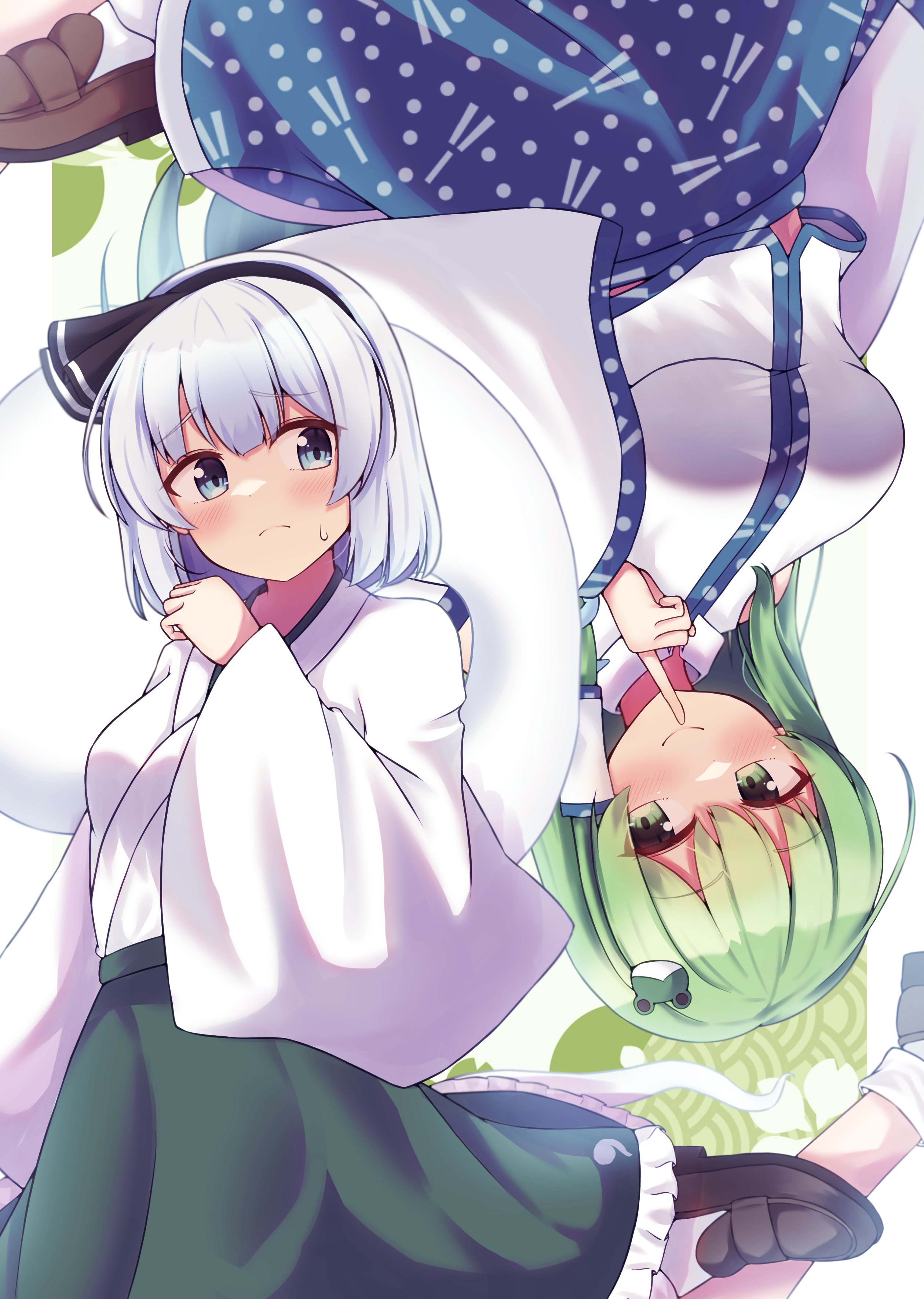 kominato haru, kochiya sanae, konpaku youmu, touhou, absurdres, highres, tagme, 2girls, black hairband, blue eyes, frog hair ornament, ghost, green eyes, green hair, hair ornament, hairband, hakama, japanese clothes, multiple girls, short hair, white hair