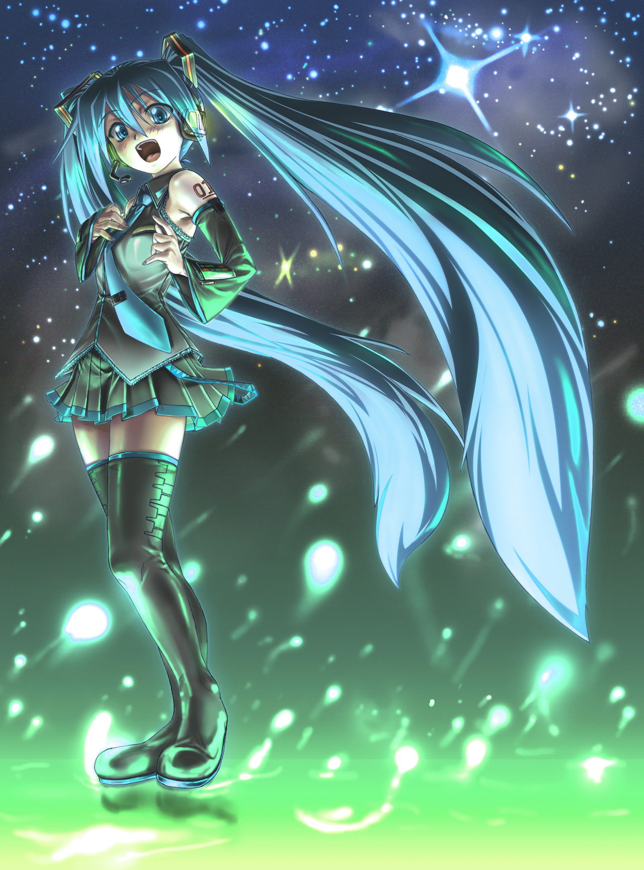 naa~, hatsune miku, vocaloid, bad id, bad pixiv id, highres, blue eyes, blue hair, detached sleeves, headset, long hair, necktie, skirt, solo, star (sky), star (symbol), thighhighs, twintails, very long hair
