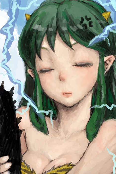 ponsuke (pon00000), lum, urusei yatsura, bad id, bad pixiv id, 1girl, anger vein, animal print, breasts, cleavage, closed eyes, cone horns, electricity, green hair, horns, lips, long hair, medium breasts, oni, pointy ears, portrait, solo focus, striped horns, tiger print, upper body, yellow horns