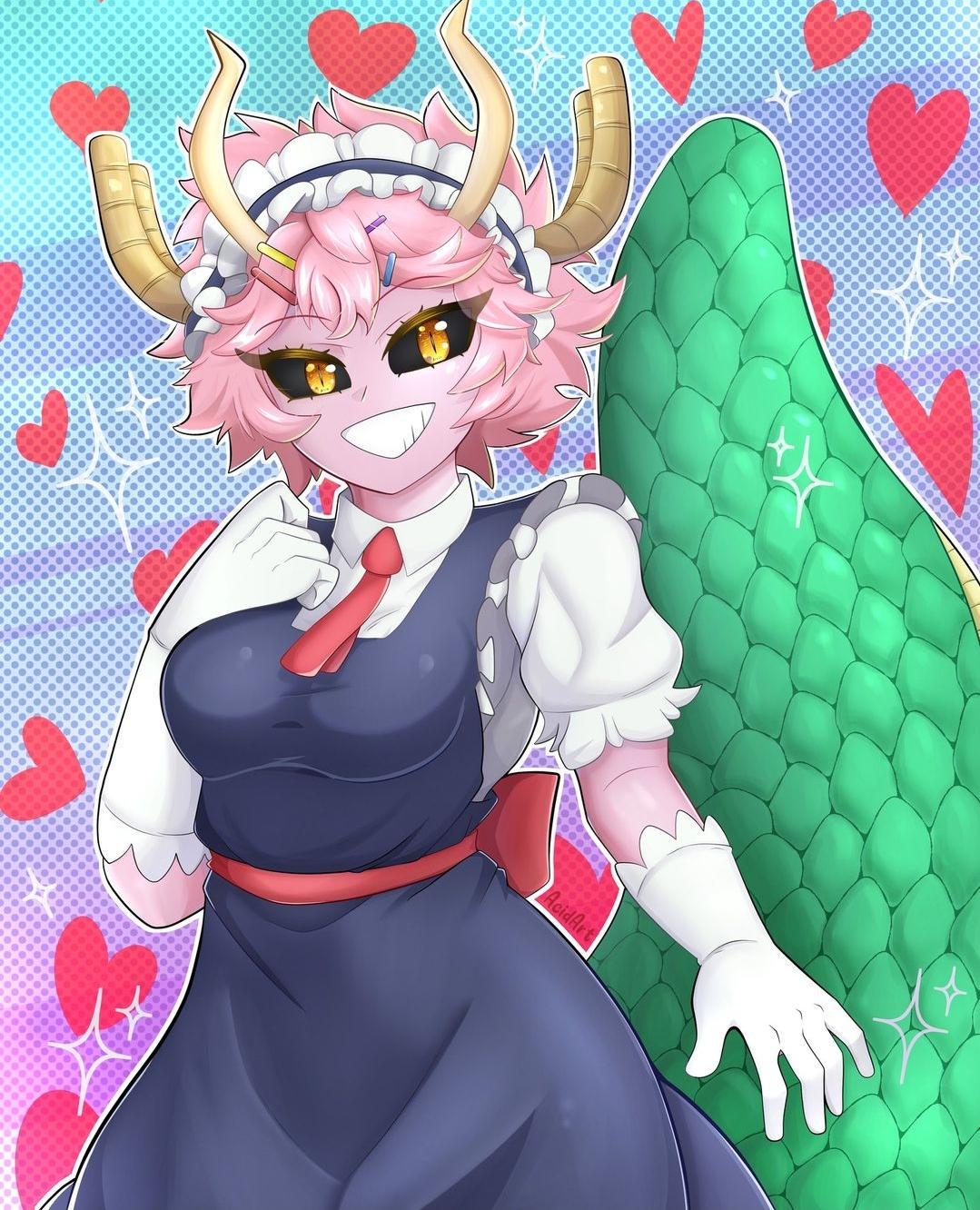 ashido mina, tohru (maidragon), boku no hero academia, kobayashi-san chi no maidragon, artist request, highres, 1girl, black sclera, blue dress, breasts, colored sclera, colored skin, cosplay, dragon horns, dragon tail, dress, female focus, frilled dress, frills, gloves, grin, horns, looking at viewer, maid, maid headdress, medium breasts, messy hair, necktie, pink hair, pink skin, puffy short sleeves, puffy sleeves, red necktie, short hair, short sleeves, smile, solo, tail, teeth, tohru (maidragon) (cosplay), waist ribbon, white dress, white gloves, yellow eyes, yellow horns