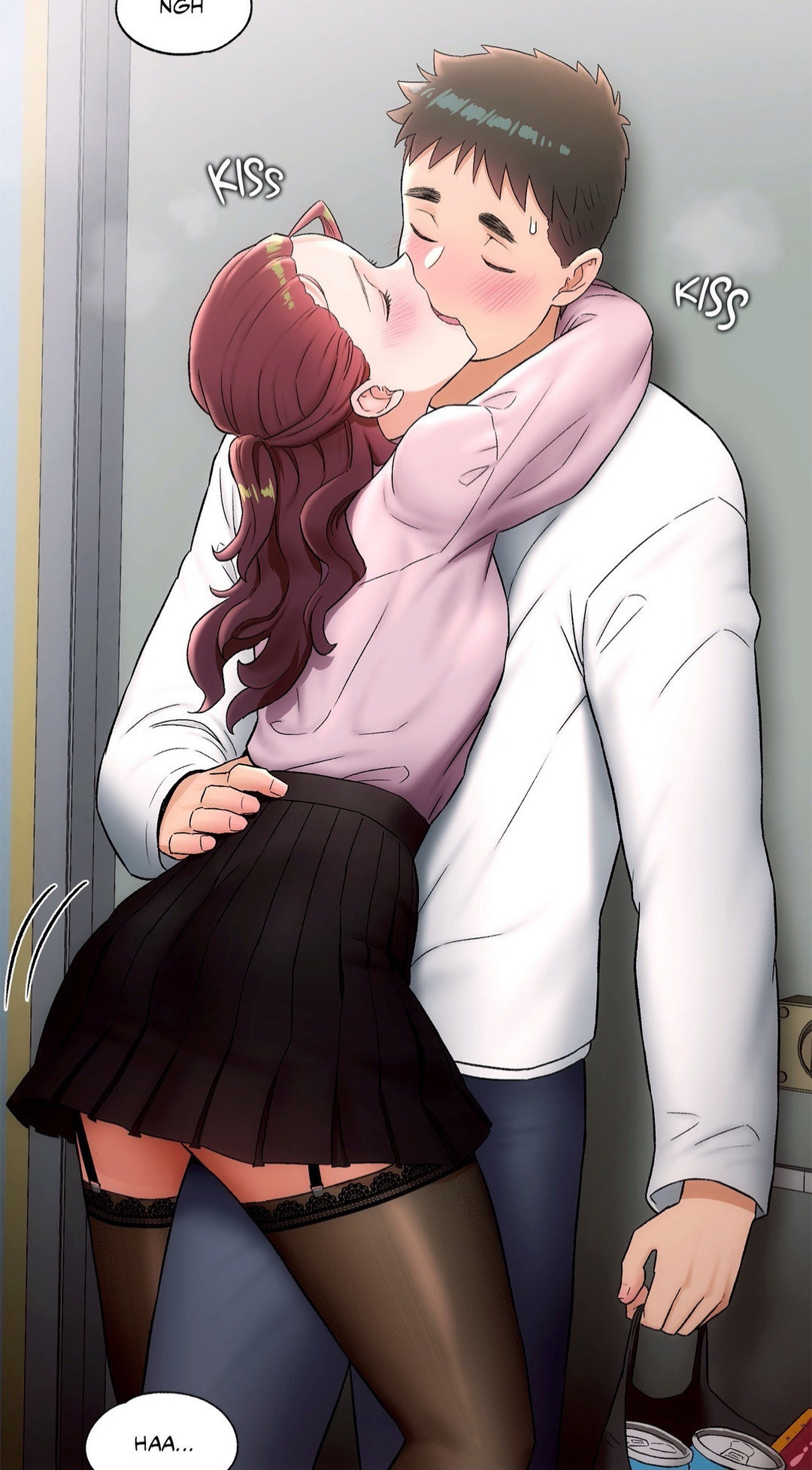 pornhwa, webtoon, artist request, character request, colorized, cropped, highres, official art, translated, 1boy, 1girl, arm around neck, bag, beer can, black garter belt, black garter straps, black hair, black skirt, black socks, black thighhighs, blue jeans, blush, bow, can, closed eyes, denim, door, drink can, english text, french kiss, garter belt, garter straps, hand on another's hip, hand on another's waist, holding, holding bag, jeans, kiss, long hair, long sleeves, miniskirt, pants, pink shirt, pleated skirt, red bow, shirt, shirt tucked in, shoes, short hair, skirt, socks, speech bubble, sweat, sweatdrop, thighhighs, white shoes, zettai ryouiki