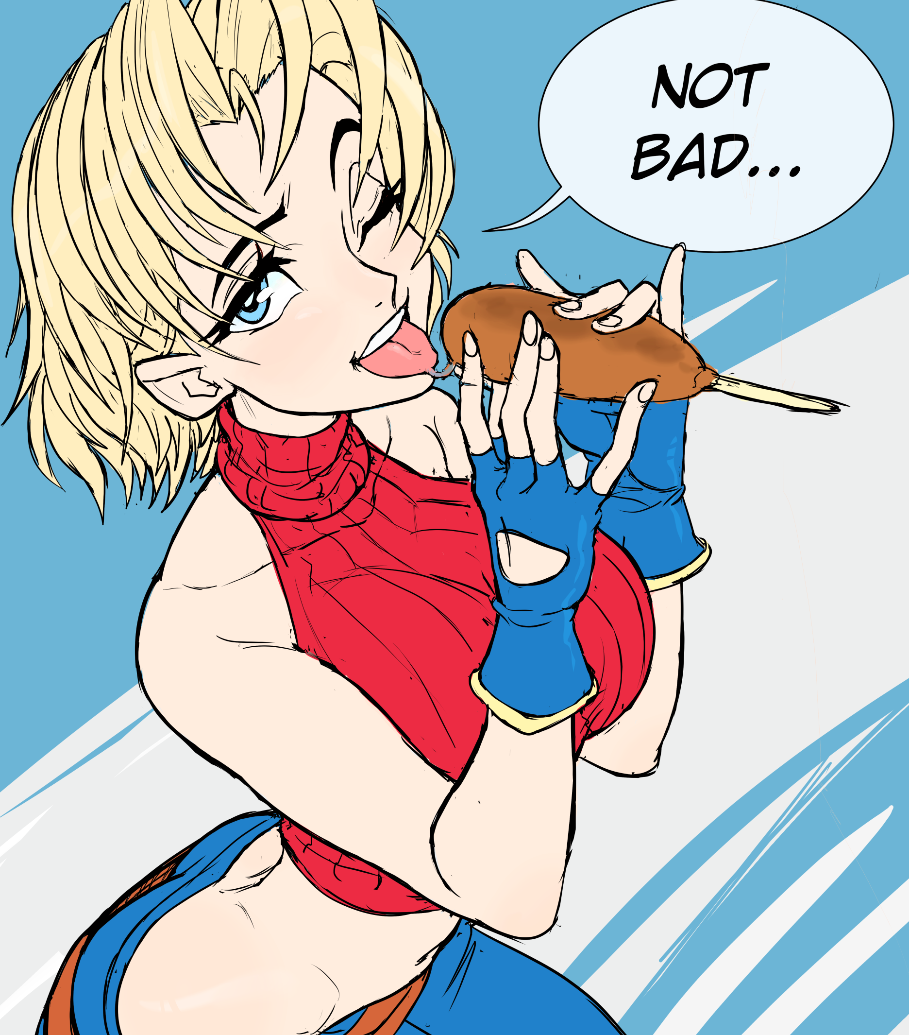teevo, blue mary, fatal fury, snk, bare shoulders, blonde hair, blue eyes, breasts, corn dog, fingerless gloves, gloves, large breasts, one eye closed, saliva, saliva trail, short hair, speech bubble, turtleneck, wink