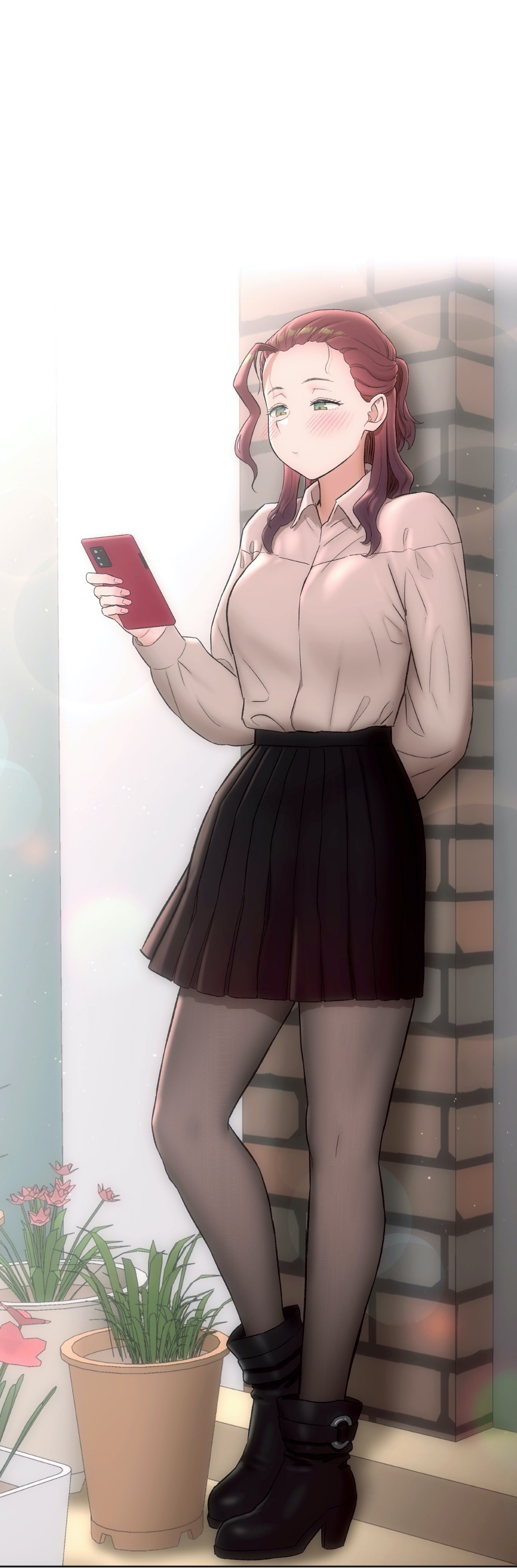 pornhwa, webtoon, artist request, character request, colorized, cropped, highres, official art, textless version, 1girl, black boots, black shoes, black skirt, blush, boots, breasts, brown pantyhose, brown shirt, cellphone, closed mouth, collared shirt, female focus, flower, flower pot, full body, green eyes, holding, holding phone, long hair, long sleeves, looking at phone, medium breasts, miniskirt, pantyhose, phone, pink flower, pleated skirt, red hair, shirt, shirt tucked in, shoes, skirt, smartphone, solo, solo focus
