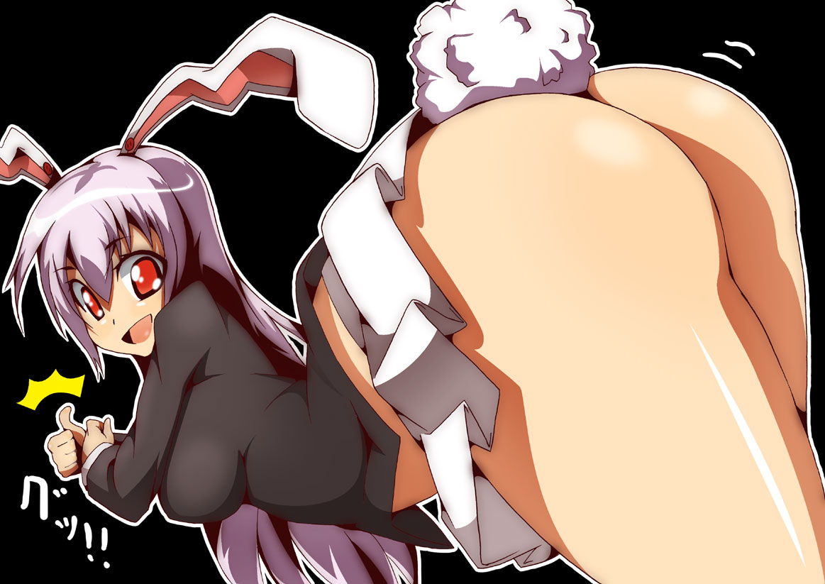 toudori, reisen udongein inaba, touhou, light purple hair, 1girl, animal ears, ass, bent over, black background, female focus, huge ass, long hair, no panties, open mouth, purple hair, rabbit ears, rabbit girl, rabbit tail, red eyes, smile, solo, tail, thumbs up