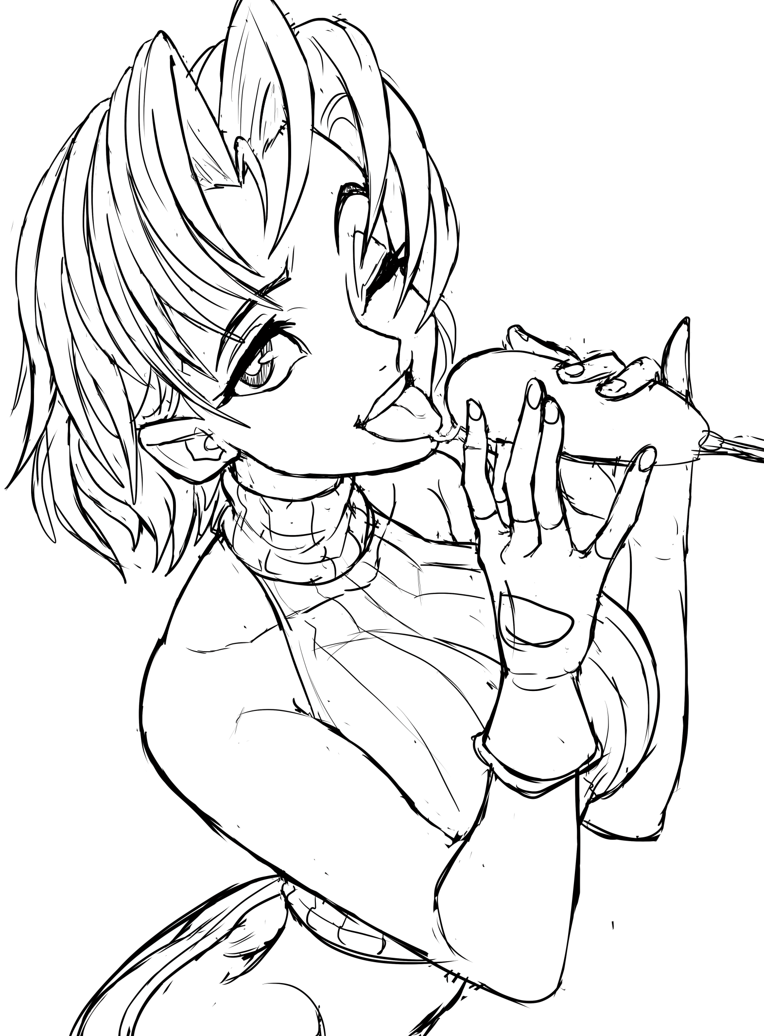 teevo, blue mary, fatal fury, snk, bare shoulders, breasts, corn dog, fingerless gloves, gloves, large breasts, one eye closed, saliva, saliva trail, short hair, sketch, turtleneck, wink
