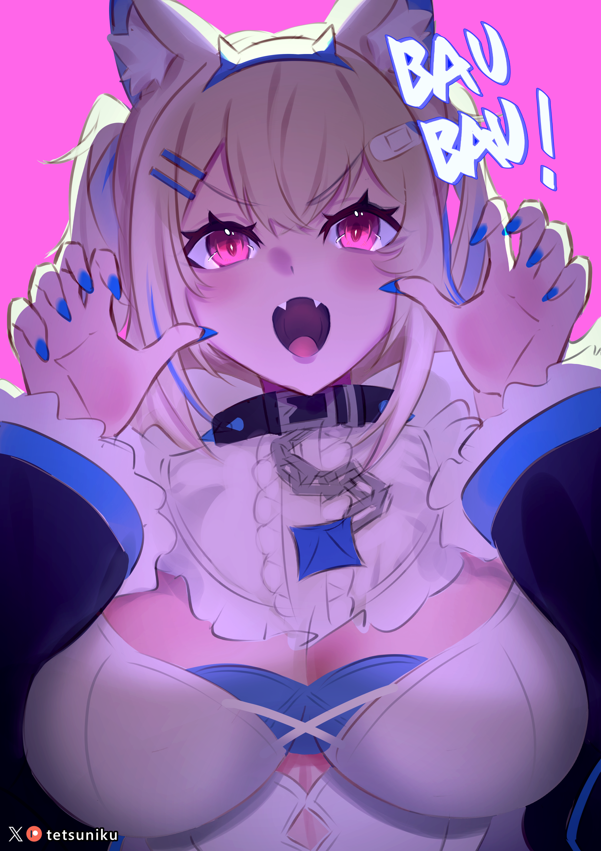 tetsuniku, fuwawa abyssgard, fuwawa abyssgard (1st costume), hololive, hololive english, absurdres, highres, 1girl, animal ears, blonde hair, blue hairband, blue nails, blue streaks, breasts, chain, collar, dog ears, dog girl, dress, fake horns, fangs, hairband, hands up, horn hairband, horns, large breasts, open mouth, pink background, pink eyes, solo, spiked collar, spikes, virtual youtuber, white dress