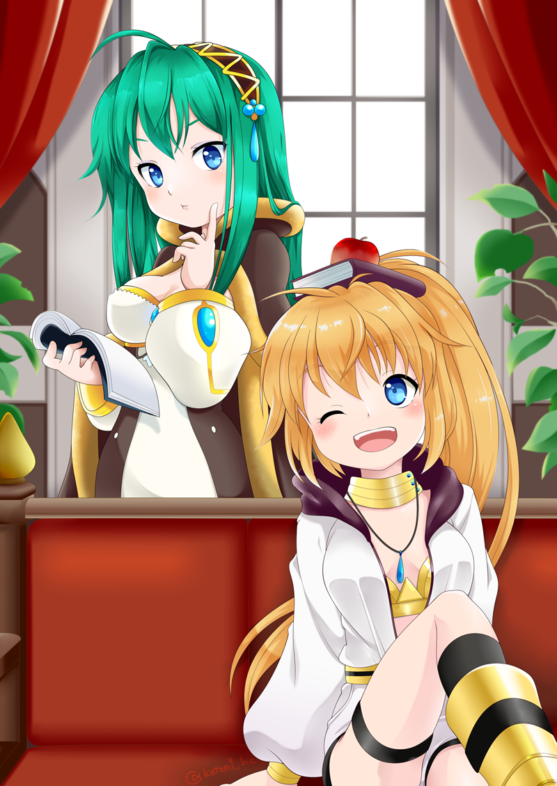 kotomi (happy colors), mechanic (ragnarok online), warlock (ragnarok online), ragnarok online, commentary request, 2girls, :d, apple on head, black socks, blonde hair, blue eyes, blush, book, book on head, breasts, brown cape, brown hairband, cape, cleavage, curtains, dress, feet out of frame, fur-trimmed cape, fur trim, green hair, hairband, holding, holding book, index finger raised, indoors, jewelry, jumpsuit, long hair, long sleeves, medium breasts, multiple girls, necklace, object on head, official alternate costume, one eye closed, open jumpsuit, open mouth, pearl hair ornament, sitting, smile, socks, white dress, white jumpsuit, window