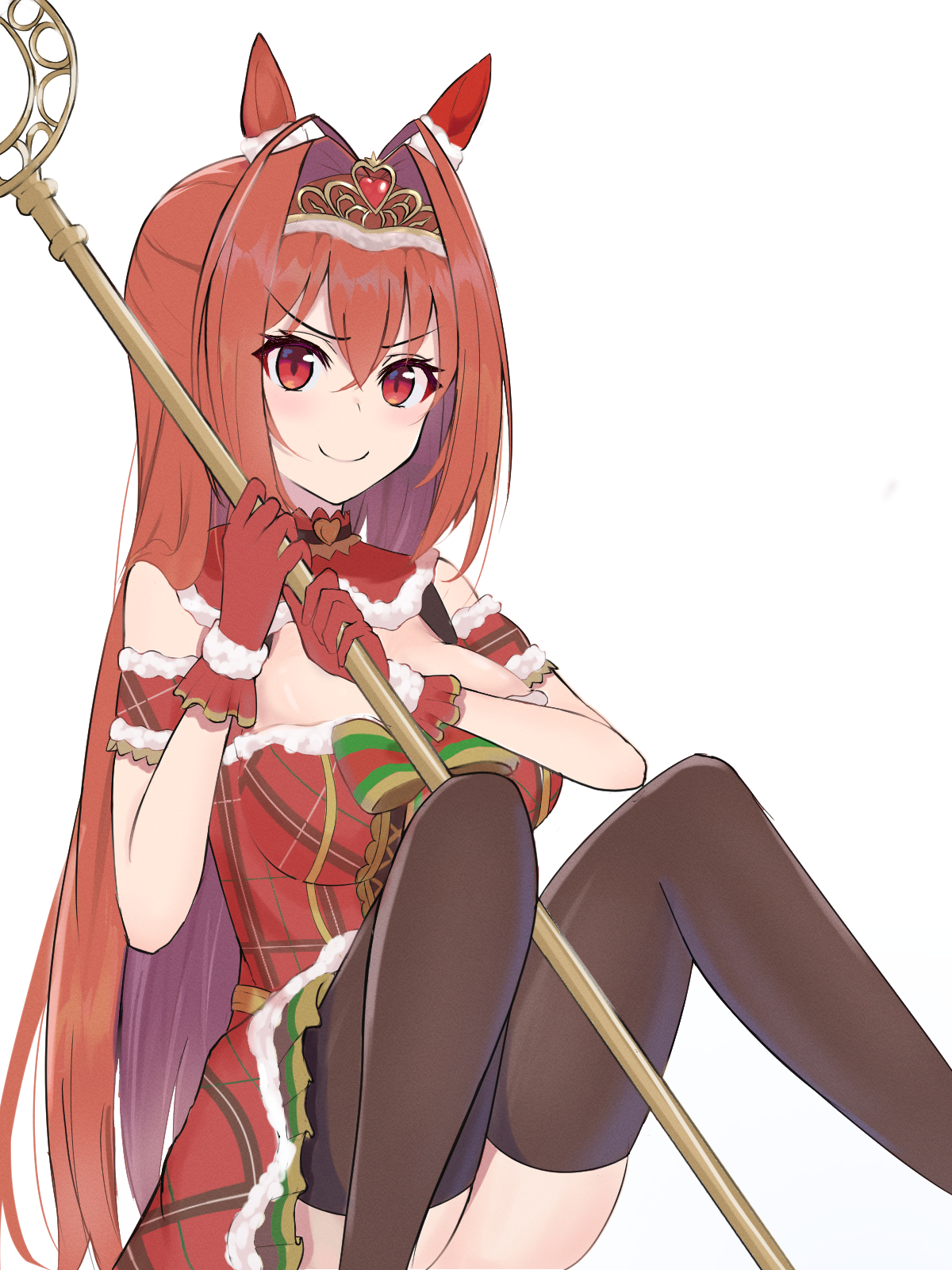 user huhj7422, daiwa scarlet (scarlet nuit etoile) (umamusume), daiwa scarlet (umamusume), umamusume, commentary request, highres, partial commentary, 1girl, animal ears, arm garter, between thighs, black thighhighs, bow, bowtie, breasts, brown hair, c:, closed mouth, detached collar, dress, ear covers, feet out of frame, frilled gloves, frills, fur-trimmed collar, fur-trimmed dress, fur-trimmed gloves, fur trim, gem, gloves, gold tiara, hair intakes, hands up, heart-shaped gem, holding, holding staff, horse ears, horse girl, knees up, large breasts, light blush, long hair, looking at viewer, official alternate costume, official alternate hairstyle, plaid clothes, plaid dress, red dress, red eyes, red gemstone, red gloves, santa costume, santa dress, sidelocks, simple background, single ear cover, sitting, smile, smug, solo, spread legs, staff, straight hair, striped bow, striped bowtie, striped clothes, thighhighs, tiara, two-handed, v-shaped eyebrows, very long hair, white background