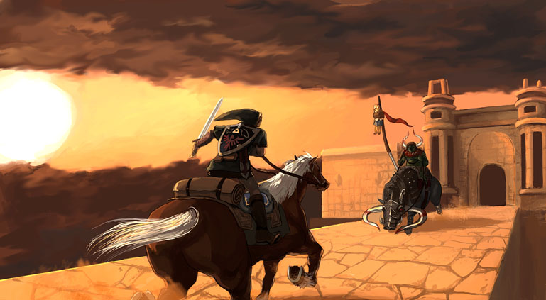 colin, link, nintendo, the legend of zelda, the legend of zelda: twilight princess, 3boys, horse, hylian shield, male focus, multiple boys, shield, shield on back, sword, weapon