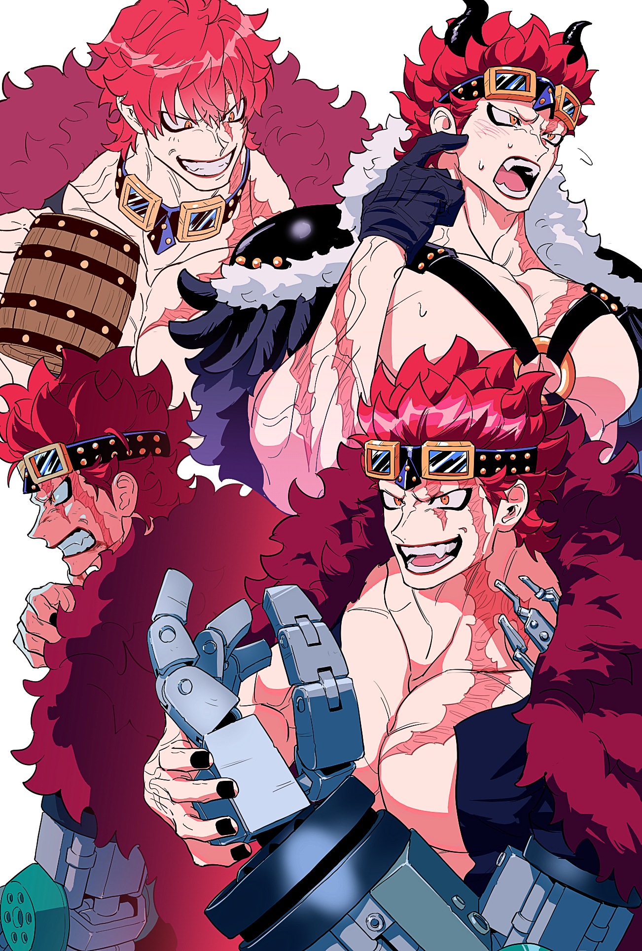 yakumo (ykm), eustass kid, one piece, commentary request, highres, 1boy, :d, angry, beer mug, biceps, black cape, black gloves, black horns, black nails, black shirt, blood, blood on face, cape, chest harness, clenched teeth, coat, coat on shoulders, collarbone, cup, fake horns, fangs, fingernails, fur cape, fur coat, gloves, goggles, goggles around neck, goggles on head, grin, hair between eyes, hand up, hands up, harness, holding, holding cup, horns, large pectorals, male focus, mechanical arms, mug, multiple views, muscular, muscular male, nail polish, o-ring, o-ring harness, open clothes, open mouth, open shirt, pectoral cleavage, pectorals, red coat, red eyes, red hair, red lips, scar, scar across eye, scar on arm, scar on chest, scar on face, scar on neck, shirt, short hair, short sleeves, simple background, single mechanical arm, smile, spiked hair, sweat, tankard, teeth, upper body, v-shaped eyebrows, veins, white background
