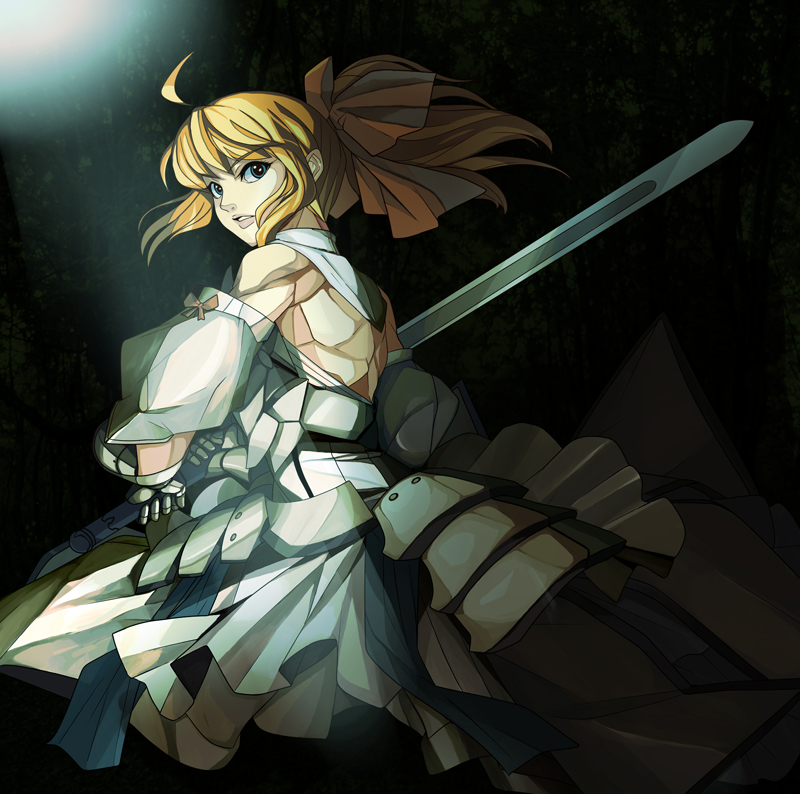 moriya, artoria pendragon (fate), saber (fate), saber lily, capcom, fate/stay night, fate/unlimited codes, fate (series), 00s, 1girl, ahoge, aqua eyes, armor, armored dress, blonde hair, detached sleeves, dress, faulds, female focus, muscular, ponytail, solo, sword, weapon