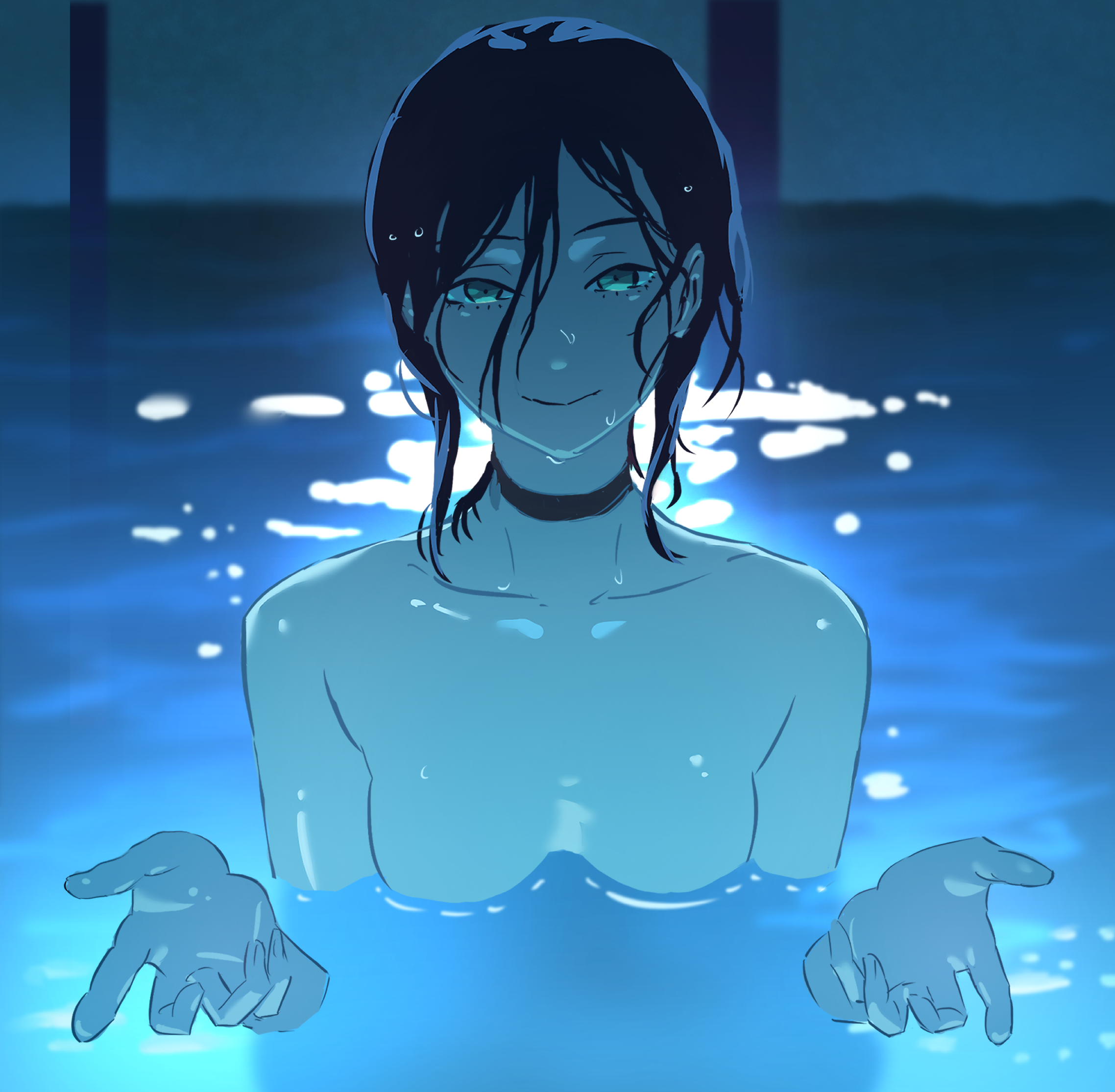 imzen, reze (chainsaw man), chainsaw man, commentary request, highres, 1girl, black choker, black hair, breasts, choker, closed mouth, green eyes, hair between eyes, light smile, looking at viewer, partially submerged, pool, small breasts, solo, wet, wet hair