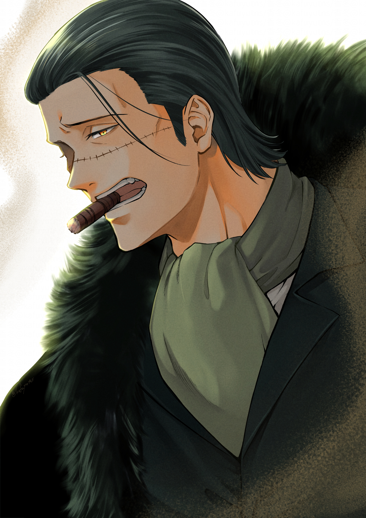 kafuyutns, crocodile (one piece), one piece, commentary request, highres, 1boy, ascot, black hair, black jacket, cape, cigar, fur-trimmed cape, fur trim, green ascot, jacket, male focus, mature male, mouth hold, short hair, simple background, solo, stitched face, stitches, teeth hold, upper body