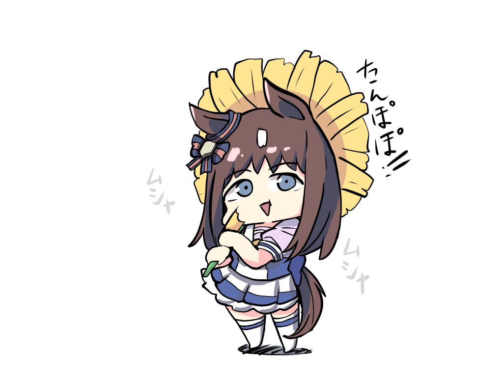 kawamochi (kawauti919), grass wonder (umamusume), umamusume, translation request, 1girl, :d, animal ears, blue eyes, bow, brown hair, chibi, ear bow, flower, full body, holding, holding flower, horse ears, horse girl, horse tail, long hair, looking at viewer, multicolored hair, open mouth, oversized object, pleated skirt, purple shirt, school uniform, shadow, shirt, simple background, skirt, smile, solo, standing, striped bow, tail, thighhighs, tracen school uniform, two-tone hair, very long hair, white background, white hair, white skirt, white thighhighs, yellow flower
