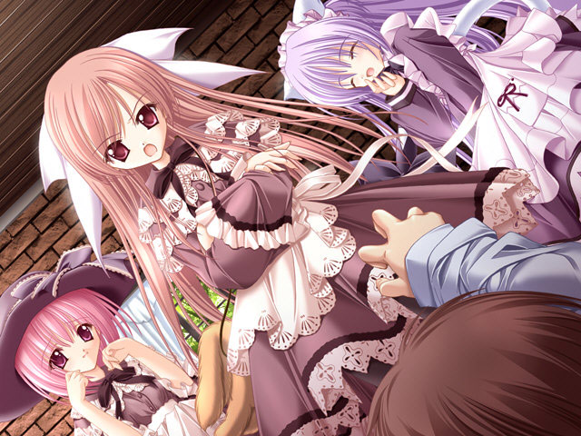tinker bell (pixiv 10956015), lily (cafe little wish), merun, mina (cafe little wish), cafe little wish, game cg, 3girls, angry, animal ears, brown hair, cat ears, closed eyes, crossed arms, dress, dutch angle, happy, hat, long hair, merun (cafe little wish), multiple girls, orange hair, pink eyes, pink hair, purple hair, red eyes, ribbon, sah, short hair, smile