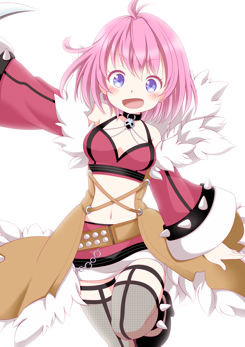 kotomi (happy colors), shadow chaser (ragnarok online), ragnarok online, commentary request, highres, 1girl, :d, black choker, black shoes, blue eyes, blush, breasts, brown coat, choker, coat, detached sleeves, fishnet thighhighs, fishnets, foot out of frame, fur-trimmed skirt, fur-trimmed sleeves, fur trim, grey thighhighs, high heels, looking at viewer, medium breasts, midriff, miniskirt, navel, official alternate costume, open clothes, open coat, open mouth, pink hair, red skirt, red sleeves, red sports bra, shoes, short hair, simple background, skirt, skull choker, smile, solo, spiked anklet, sports bra, standing, standing on one leg, thighhighs, white background