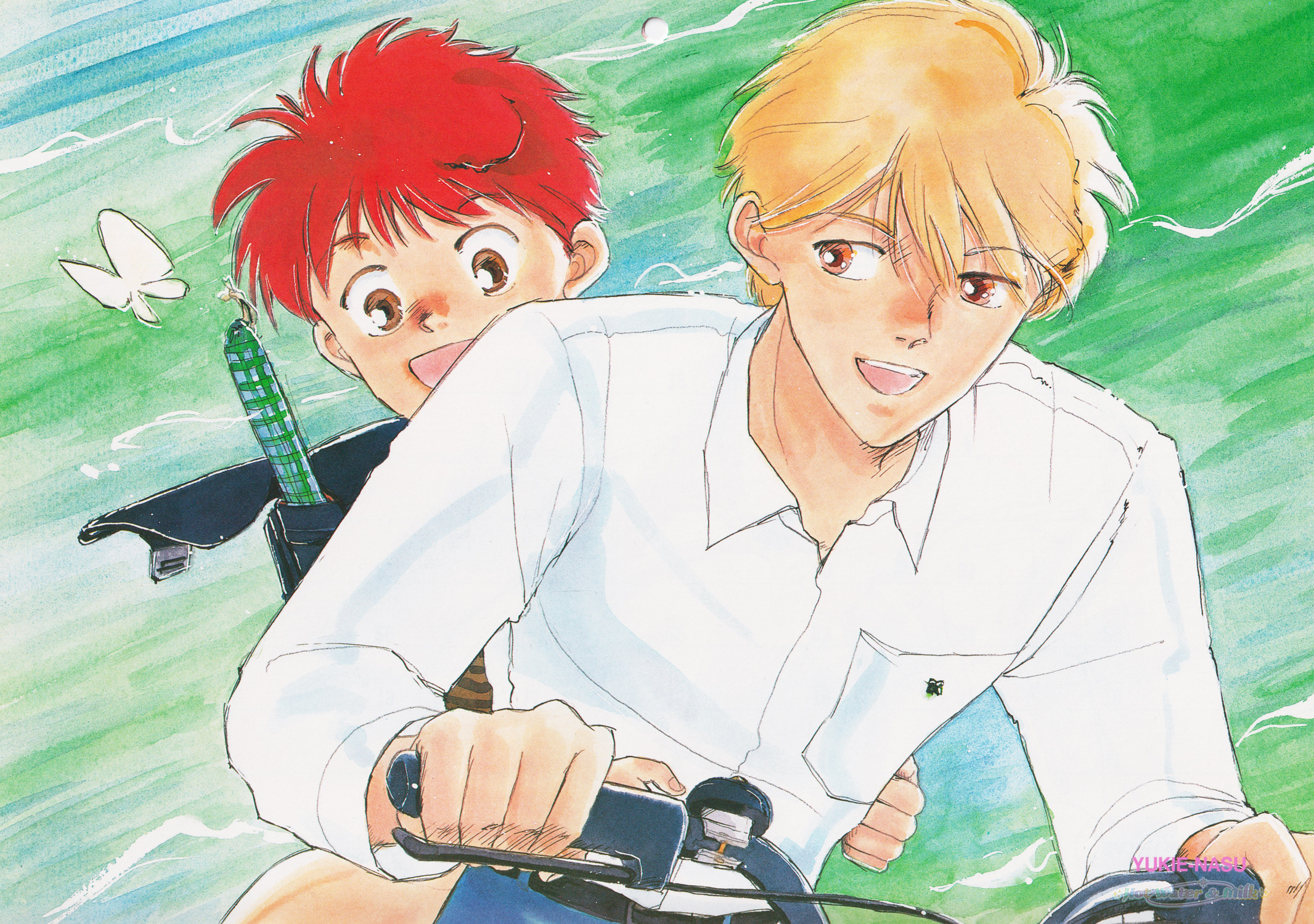 hasukawa kazuya, ikeda mitsuru, koko wa greenwood, commentary, english commentary, highres, third-party edit, traditional media, 2boys, artist name, bicycle, blonde hair, blue pants, brown eyes, bug, butterfly, green background, insect, long sleeves, male focus, multiple boys, nasu yukie, open mouth, pants, red eyes, red hair, riding, riding bicycle, shirt, short hair, third-party watermark, white shirt