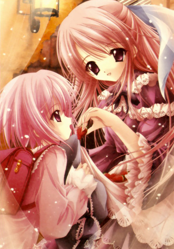 tinker bell (pixiv 10956015), lily (cafe little wish), merun, cafe little wish, 2girls, backpack, bag, brown hair, child, dress, long hair, multiple girls, orange hair, pink eyes, pink hair, purple eyes, randoseru, ribbon, short hair