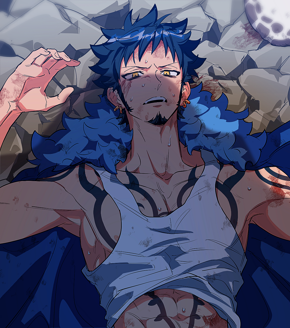 yakumo (ykm), trafalgar law, one piece, commentary request, highres, 1boy, 1other, abs, armpits, black hair, blood, blood on face, blue coat, chest tattoo, coat, coat on shoulders, crack, cracked floor, dirty, dirty clothes, earrings, facial hair, fur-trimmed coat, fur hat, fur trim, goatee, gold earrings, hands up, hat, jewelry, looking at viewer, lying, male focus, nipples, on back, open mouth, pectorals, pov, scratches, shadow, short hair, shoulder tattoo, sideburns, solo, sweat, tank top, tattoo, teeth, unworn hat, unworn headwear, upper body, upper teeth only, white hat, white tank top, yellow eyes