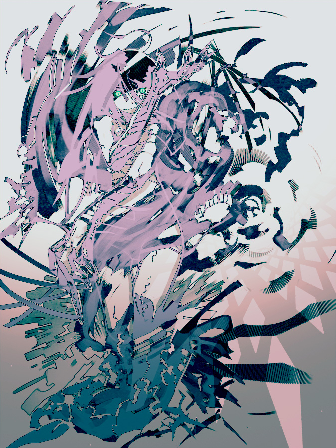 kahadu (kawazu), original, shatter, 1girl, abstract, crystal, female focus, full body, green eyes, long hair, looking at viewer, pink hair, simple background, solo, speed painting, very long hair
