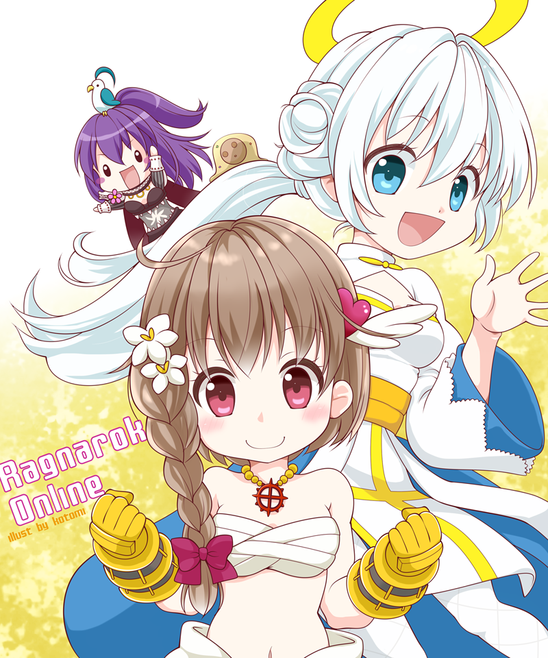 kotomi (happy colors), arch bishop (ragnarok online), genetic (ragnarok online), sura (ragnarok online), vanilmirth (ragnarok online), ragnarok online, commentary request, 3girls, animal, animal on head, bird, bird on head, blue dress, braid, breasts, brown hair, chest sarashi, cleavage cutout, clothing cutout, cross, cross necklace, cross of prontera, dress, flower, gauntlets, hair flower, hair ornament, halo, heart, heart hair ornament, high ponytail, jewelry, long hair, medium breasts, multiple girls, necklace, on head, open mouth, ponytail, purple hair, sarashi, sash, side braid, single braid, traditional halo, two-tone dress, white background, white dress, white flower, white hair, yellow background, yellow halo, yellow sash