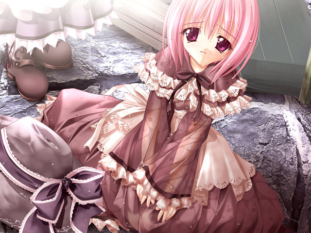 tinker bell (pixiv 10956015), lily (cafe little wish), cafe little wish, game cg, 1girl, dress, female focus, hat, pink eyes, pink hair, ribbon, sad, short hair, sitting, solo, tears, water, wet, wet clothes