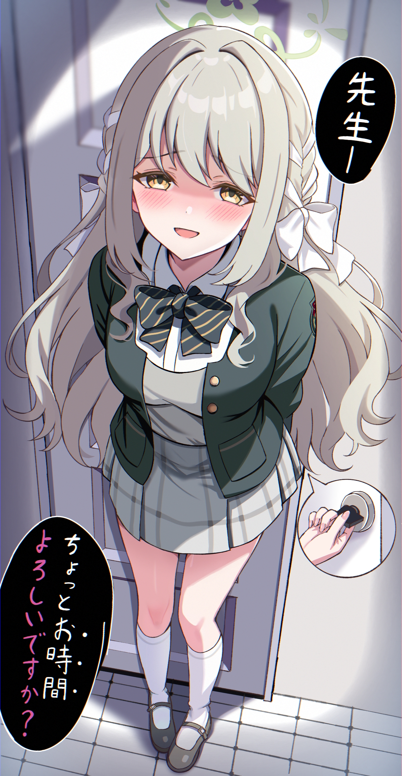 crouching start, miyo (blue archive), blue archive, absurdres, highres, translation request, 1girl, blush, bow, breasts, green halo, halo, jacket, kneehighs, large breasts, long hair, looking at viewer, open mouth, school uniform, shoes, skirt, socks, speech bubble, white socks, yellow eyes