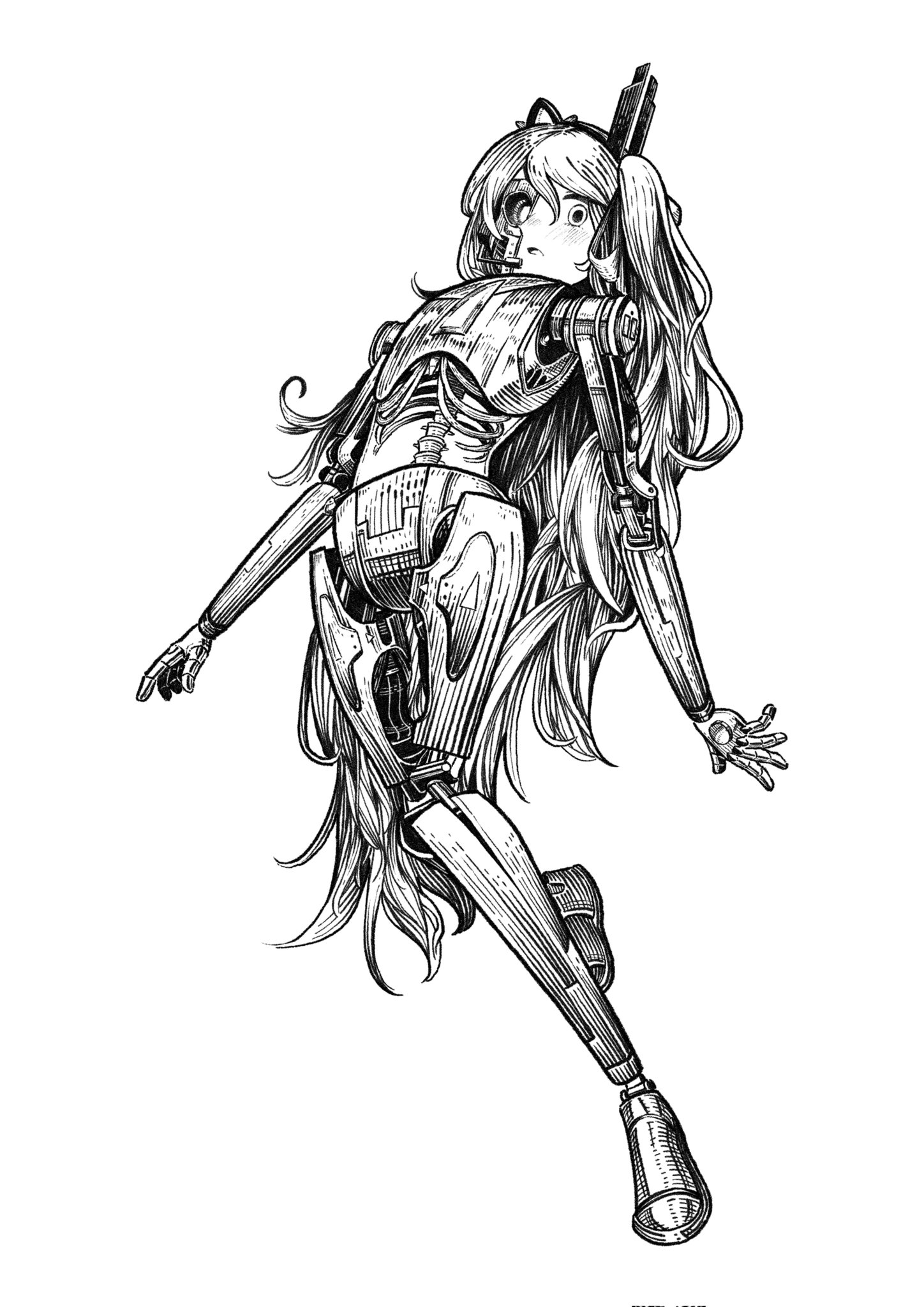kilsturgeon, adachi rei, a.i. voice, utau, corrupted twitter file, highres, 1girl, android, full body, greyscale, headset, joints, light blush, long hair, looking at viewer, machina mori (utau), mechabare, monochrome, one side up, open mouth, portrait, ribs, robot joints, skeleton, solo, standing, standing on one leg, very long hair