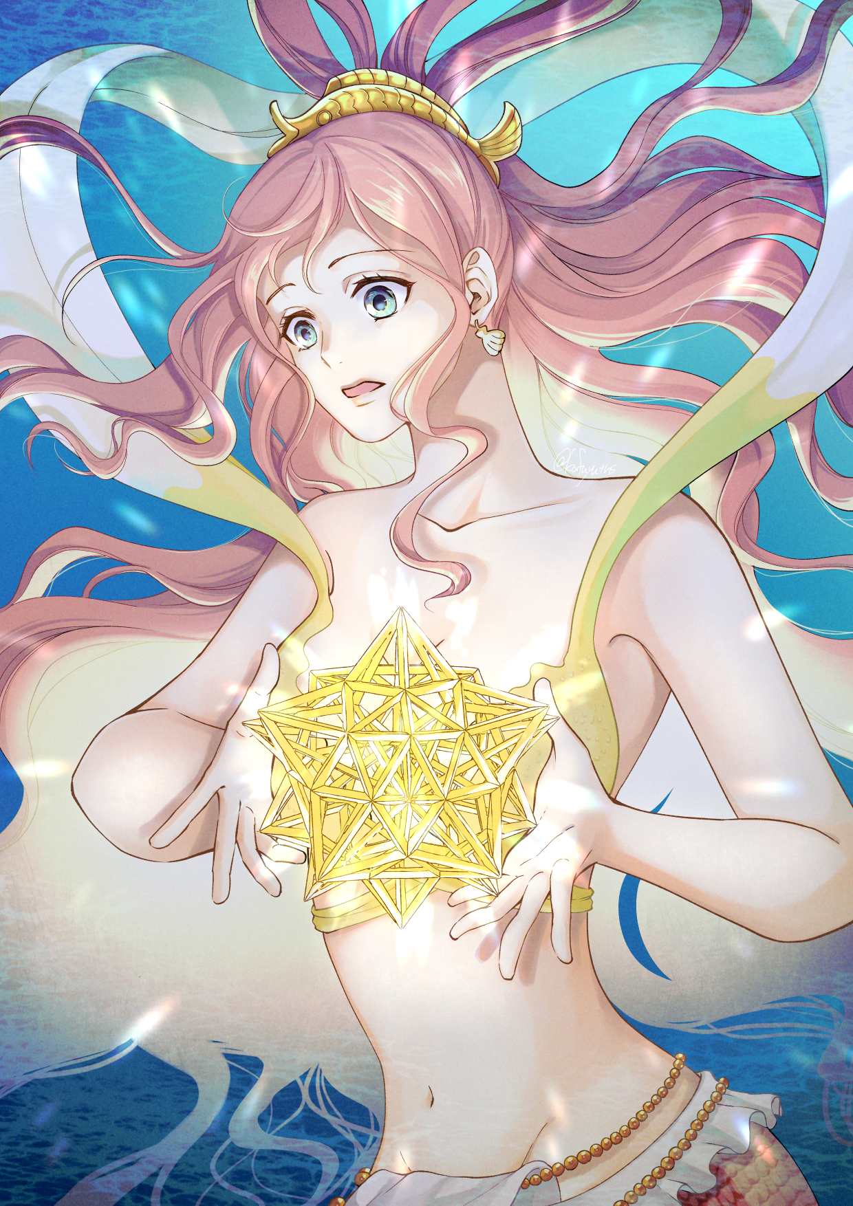 kafuyutns, shirahoshi, one piece, commentary request, highres, 1girl, bikini, blue eyes, earrings, fish hair ornament, hagoromo, hair ornament, half updo, jewelry, long hair, mermaid, monster girl, open mouth, pink hair, shawl, shell, shell earrings, sidelocks, solo, swimsuit, underwater, upper body, very long hair, yellow bikini