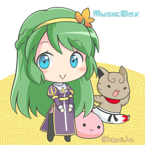 kotomi (happy colors), poring, priest (ragnarok online), ragnarok masters, ragnarok online, commentary request, lowres, 1girl, :>, black thighhighs, blue eyes, blush, brown cat, cat, chibi, chibi only, closed mouth, cross, cross necklace, dress, full body, garter straps, green hair, hair ornament, hairband, jewelry, juliet sleeves, leaf hair ornament, long hair, long sleeves, necklace, open mouth, puffy sleeves, purple dress, side slit, slime (creature), smile, solo, thighhighs, white background, yellow background, yellow hairband