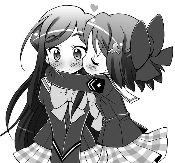 etou mei, inamori mika, gakuen utopia manabi straight!, non-web source, 00s, 2girls, blush, bow, closed eyes, greyscale, hair bow, heart, hug, kiss, long hair, monochrome, multiple girls, plaid clothes, plaid skirt, pleated skirt, ribbon, school uniform, serafuku, short hair, simple background, skirt, surprised, tsurime, v arms, wavy mouth, white background, wide-eyed, yuri